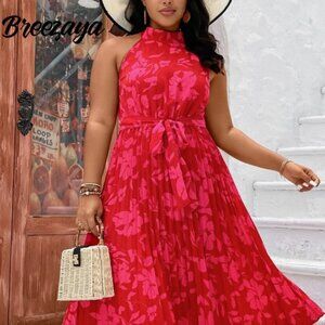 Halter Dress Floral Print Belt Waist Pleated Skirt Sleeveless Pink Red Plus Size